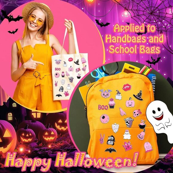 Pink Halloween Enamel Pins 40 Pack Cute Skull Bat Brooches Accessories - Picture 4 of 7